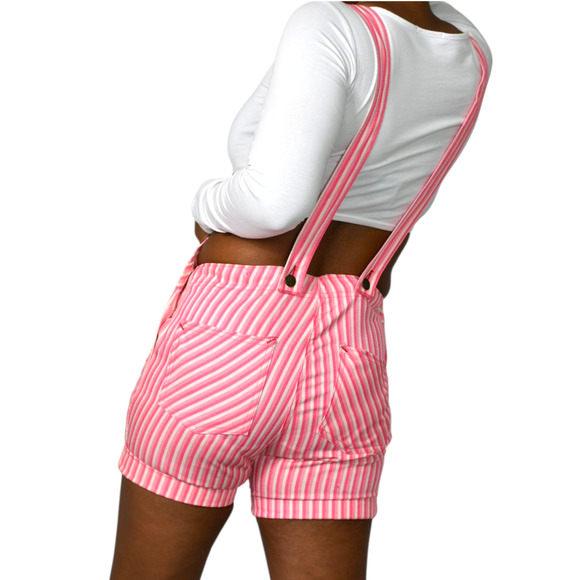 Vintage Mr Fly Bib Overalls Pink Stripe Button Denim Shortalls Shorts Cuffed XS - Picture 3 of 16